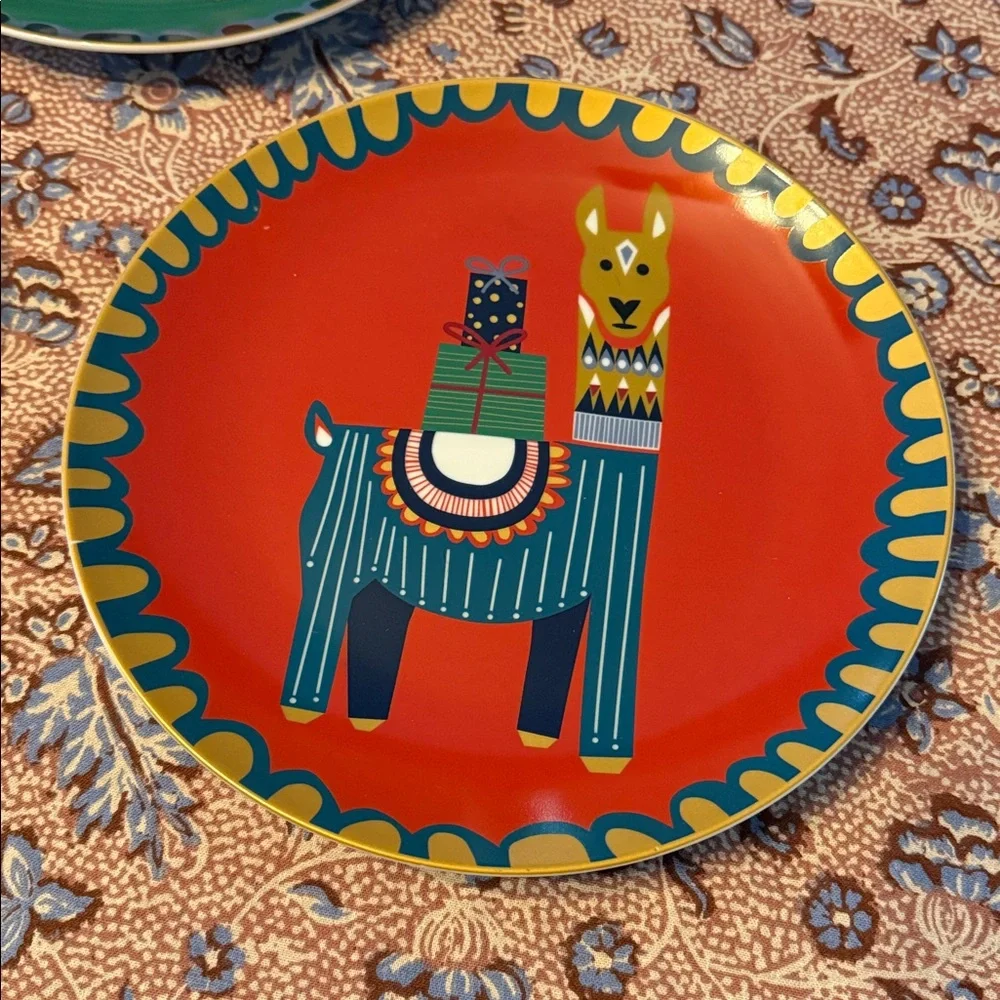 West Elm Animal Celebration Plates Set 3 Christmas Holiday 9” porcelain lama fox